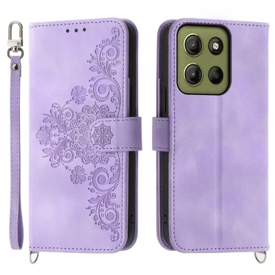 Voor Motorola Moto G15 4G hoesje met bloemenpatroon PU lederen portemonnee telefoonhoes met draagkoord - Lichtpaars