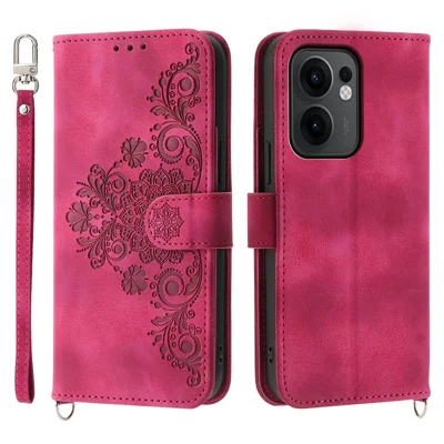 Til Oppo Reno13 F 5G (Reno 13 FS 5G) / 4G Case Blomstermønster PU Læder Wallet Telefonbeskyttelse med rem - Vinrød
