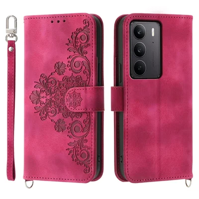 For Realme C75 4G / V60 Pro 5G Case Flower Pattern PU Leather Wallet Phone Cover with Strap - Wine Red