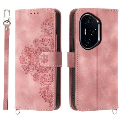 Fodral till Honor 300 Pro / 300 Ultra med blommönster, plånboksfodral i PU-läder med rem – Rosa