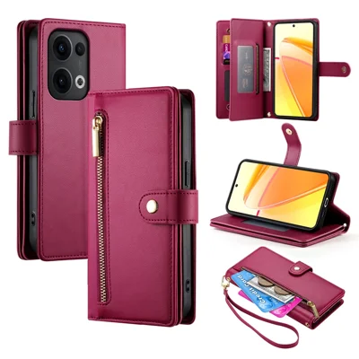 DF-011 For Oppo Reno13 5G (Global) Case Zipper Pocket Wallet Leather Phone Cover with Straps - Red