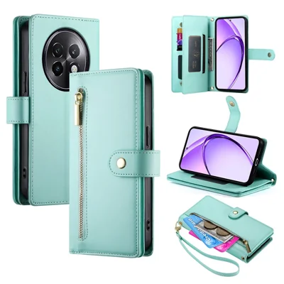 DF-011 For Realme 13+ 5G / 13 Pro 5G (China) Case Zipper Pocket Wallet Leather Phone Cover with Straps - Mint Green