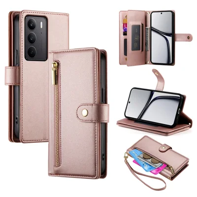 DF-011 For Realme V60 Pro 5G / C75 4G Case Zipper Pocket Wallet Leather Phone Cover with Straps - Pink