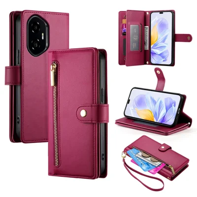 DF-011 For Honor 300 Case Zipper Pocket Wallet Leather Phone Cover with Straps - Red