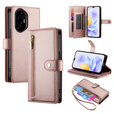 DF-011 For Honor 300 Etui med lynlåsefag, pung og læderdæksel med remme - Pink