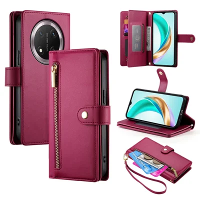 DF-011 For Honor Magic7 Lite 5G / X9c 5G / X60 Pro 5G Case Zipper Pocket Wallet Leather Phone Cover with Straps - Red