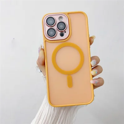For iPhone 14 Pro Magnetic Case with Lens Film / Detachable Lens Frame Hybrid Phone Back Cover - Orange