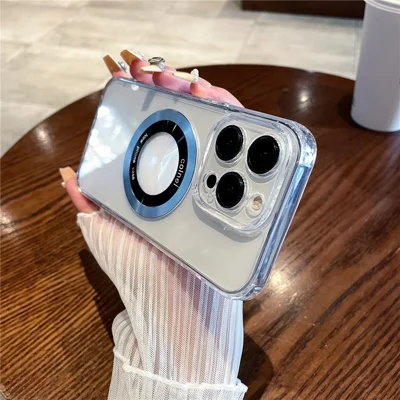 For iPhone 15 Pro Max Magnetic Case Clear Back Phone Cover TPU + PC with Ring Logo View - Blue
