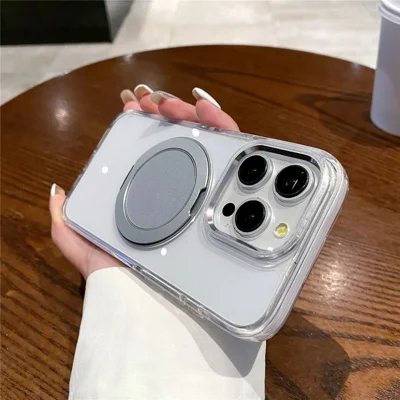 For iPhone 14 Pro Magnetic Case with Kickstand PC + TPU Clear Phone Back Cover - White