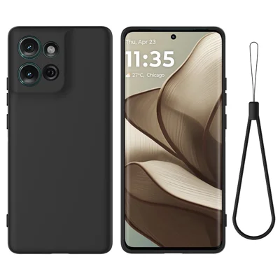 For Motorola Moto G Play (2025) 4G Liquid Silicone Case Phone Back Cover with Hand Strap - Black