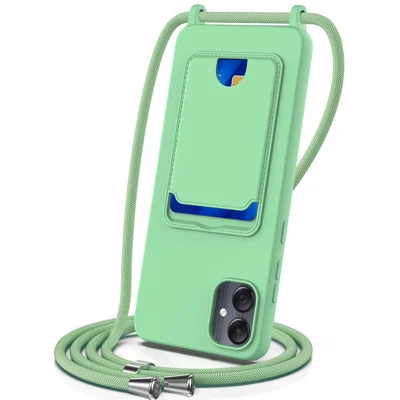 For Samsung Galaxy F05 / Galaxy M05 4G Liquid Silicone Case with Card Holder and Lanyard Back Phone Cover - Green