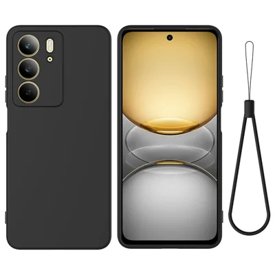 For Realme C75 4G Case Liquid Silicone Phone Back Cover with Hand Strap - Black