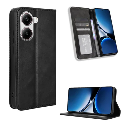 For Xiaomi Redmi Turbo 4 5G / Xiaomi Poco X7 Pro 5G Retro PU Leather Case Phone Wallet Stand Cover - Black