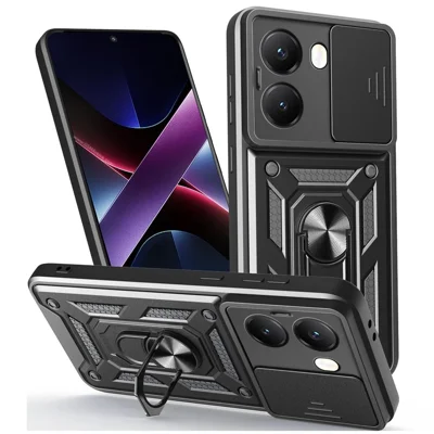 Phone Case for Xiaomi Redmi Turbo 4 5G / Poco X7 Pro 5G PC + TPU Kickstand Cover with Slide Camera Lid - Black