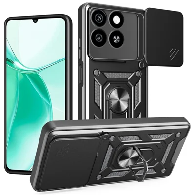 For ZTE Blade A35 / A55 Case with Slide Camera Lid PC + TPU Kickstand Phone Cover - Black