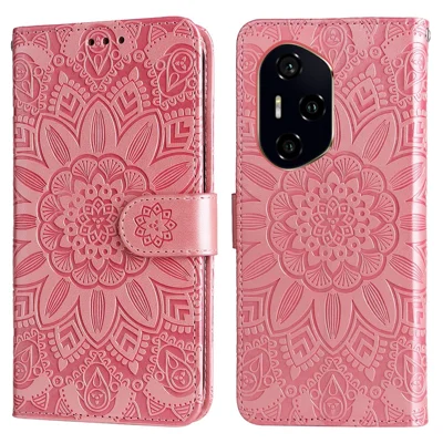 Fodral för Honor 300 Pro / 300 Ultra, inläst solrosmönster, läderplånbok, mobilhölse - Rosa