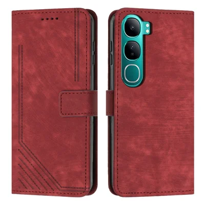 Phone Case for vivo Y300 5G / V40 Lite (Indonesia) 4G / V40 Lite (Indonesia) 5G / Y200 5G Imprinted Lines Leather Cover with Stand - Red