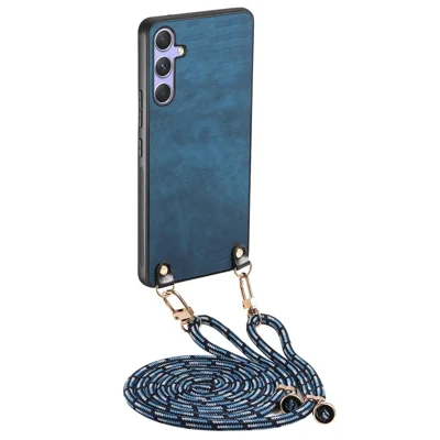 For Samsung Galaxy S24 FE Retro Leather Phone Back Cover with Adjustable Strap - Blue