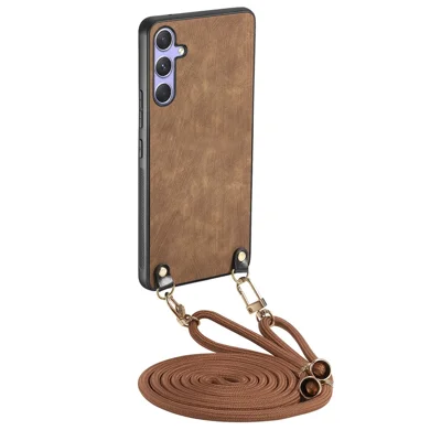 For Samsung Galaxy A14 4G / Galaxy A14 5G Retro Leather Phone Back Cover with Adjustable Strap - Brown