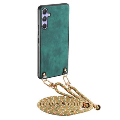 For Samsung Galaxy A05s 4G Retro Leather Phone Back Cover with Adjustable Strap - Green