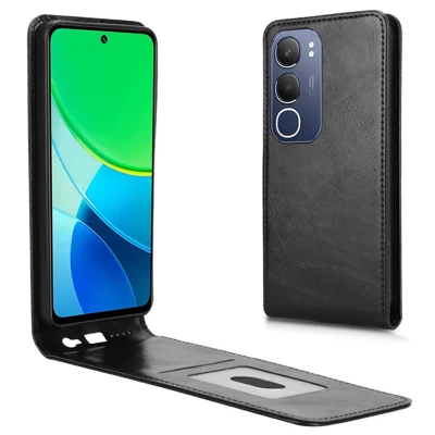 For vivo Y19s 4G / Y29 5G Case with Card Slot Magnetic Vertical Flip Leather Phone Cover - Black