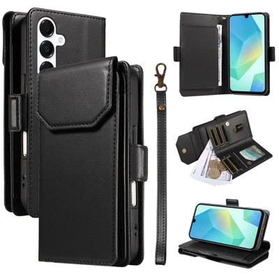 For Samsung Galaxy A26 5G / A16 5G / A16 4G Case with Multi-Card Holder and Strap PU Leather Phone Cover Stand - Black
