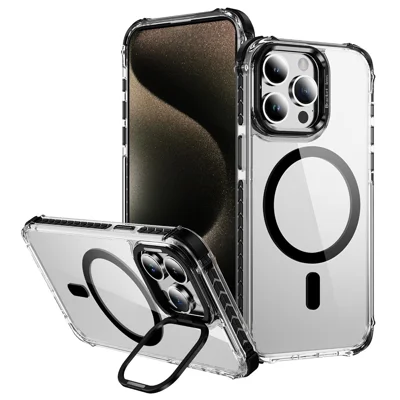 For iPhone 13 Pro Clear Phone Case with Lens Kickstand Cover Compatible with MagSafe - Black