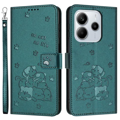Wallet Case for Xiaomi Redmi Note 14 4G (163.25mm) Cats Imprint Leather Phone Cover with Strap - Blackish Green