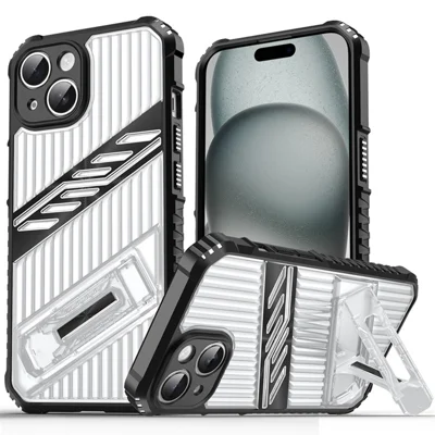 For iPhone 15 Case Folding Kickstand PC + TPU Anti Drop Phone Cover - Transparent Black