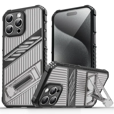 For iPhone 14 Pro Max Case Folding Kickstand PC + TPU Anti Drop Phone Cover - Black  /  Grey