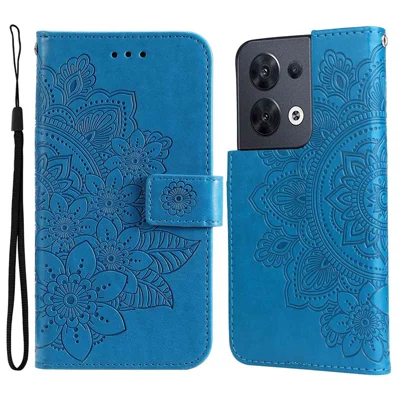 Capa de Telefone Celular para Oppo Reno8 5G (Versão Global), Capa Carteira de Couro PU à Prova de Choque com Padrão de Flor Estampado, Suporte para Telefone - Azul