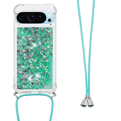TPU-hoesje voor Google Pixel 9 met quicksanddesign en koord - Groen / Harten