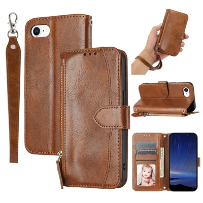 For iPhone 16e Hoesje met Ritszak Lederen Telefoonhoes met Crossbody-schouderriem - Bruin