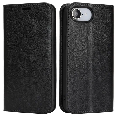 For iPhone 16e Case Crazy Horse Texture Split Leather Wallet Phone Cover - Zwart