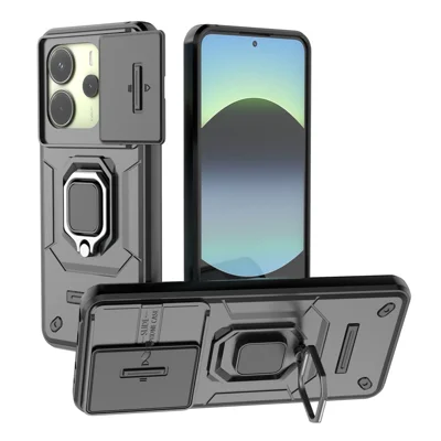 For Xiaomi Redmi Note 14 4G (163.25mm) Case PC + TPU Kickstand Phone Protector with Lens Cover - Black