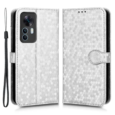 Funda de teléfono a prueba de caídas para Xiaomi Redmi K50 Ultra 5G / 12T 5G, funda abatible de cuero con patrón de puntos, soporte integrado y billetera con correa - Plata