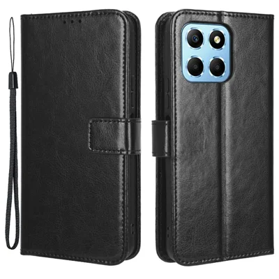 Phone Wallet Case For Honor 70 Lite 5G / X6 4G / Honor Play6C / X8 5G Crazy Horse Texture Magnetic Clasp PU Leather Stand Anti-scratch Cell Phone Cover - Black