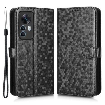 Antikratzer-Handyhülle für Xiaomi 12T 5G / Redmi K50 Ultra 5G, Standplatz-Handywallet-Hülle aus PU-Leder mit Punkt-Muster und Gurt – Schwarz