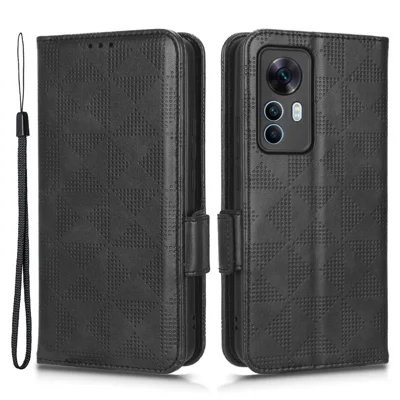 Shockproof Phone Case For Xiaomi 12T 5G / Redmi K50 Ultra 5G, Imprinted Triangle Pattern PU Leather Wallet Stand Folio Flip Protective Cover - Black