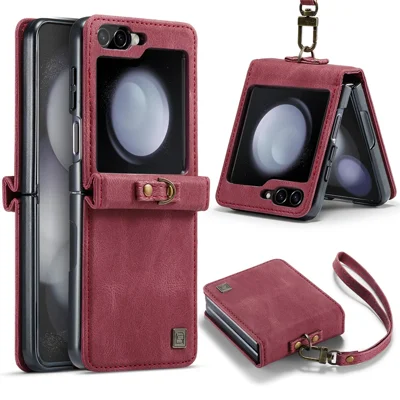AUTSPACE For Samsung Galaxy Z Flip5 5G Case  A01 Retro Leather Phone Cover with Hand Strap - Red