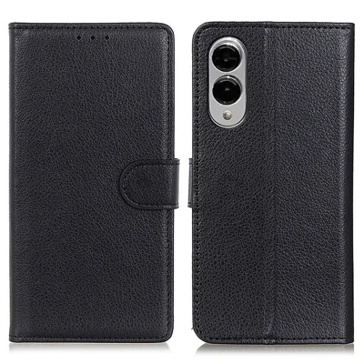 For Samsung Galaxy S25 Edge Wallet Case PU Leather Phone Cover Litchi Texture - Black