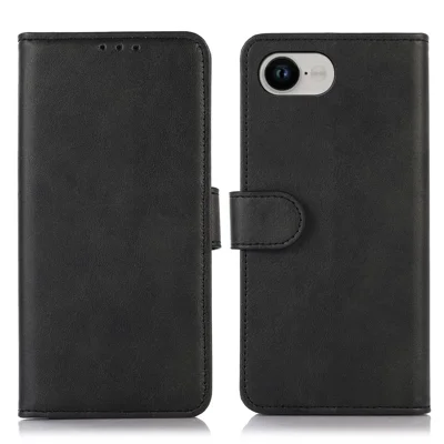 For iPhone 16e Hoesje met Koeienhuidstructuur Lederen Portemonneebehuizing met Stand - Zwart
