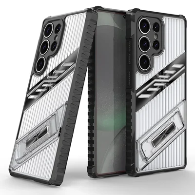 For Samsung Galaxy S25 Ultra Case Folding Kickstand PC + TPU Anti Drop Phone Cover - Transparent Black