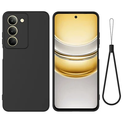 For Realme V60 Pro 5G / Realme 14x (India) 5G Liquid Silicone Case Phone Back Cover with Hand Strap - Black