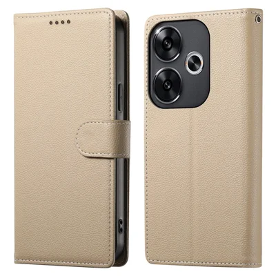 DF-012 For Xiaomi Redmi Turbo 3 5G  /  Poco F6 5G Case Litchi Texture Leather Magnetic Clasp Wallet Stand Phone Cover with Wrist Strap - Apricot