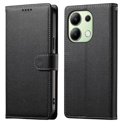 DF-012 For Xiaomi Redmi Note 13 4G Case Litchi Texture Leather Magnetic Clasp Wallet Stand Phone Cover with Wrist Strap - Black