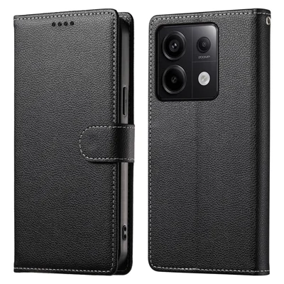DF-012 For Xiaomi Redmi Note 13 Pro 5G / Poco X6 5G Case Litchi Texture Leather Magnetic Clasp Wallet Stand Phone Cover with Wrist Strap - Black