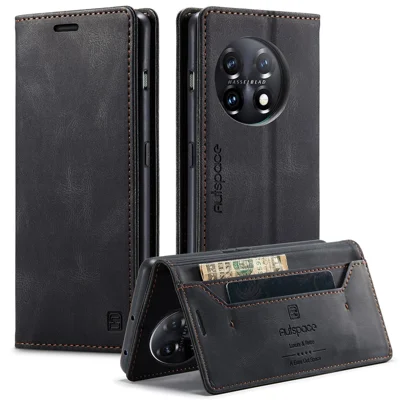 AUTSPACE For OnePlus 11 5G Wallet Case  A01 Leather Stand Cover with RFID Blocking Card Holder - Black