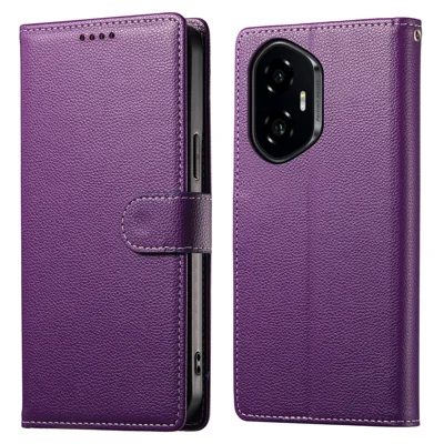 DF-012 For Honor 300 Case Litchi Texture Leather Magnetic Clasp Wallet Stand Phone Cover - Purple