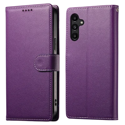 DF-012 For Samsung Galaxy A15 5G / A15 4G Case Litchi Texture Leather Magnetic Clasp Wallet Stand Phone Cover with Wrist Strap - Purple